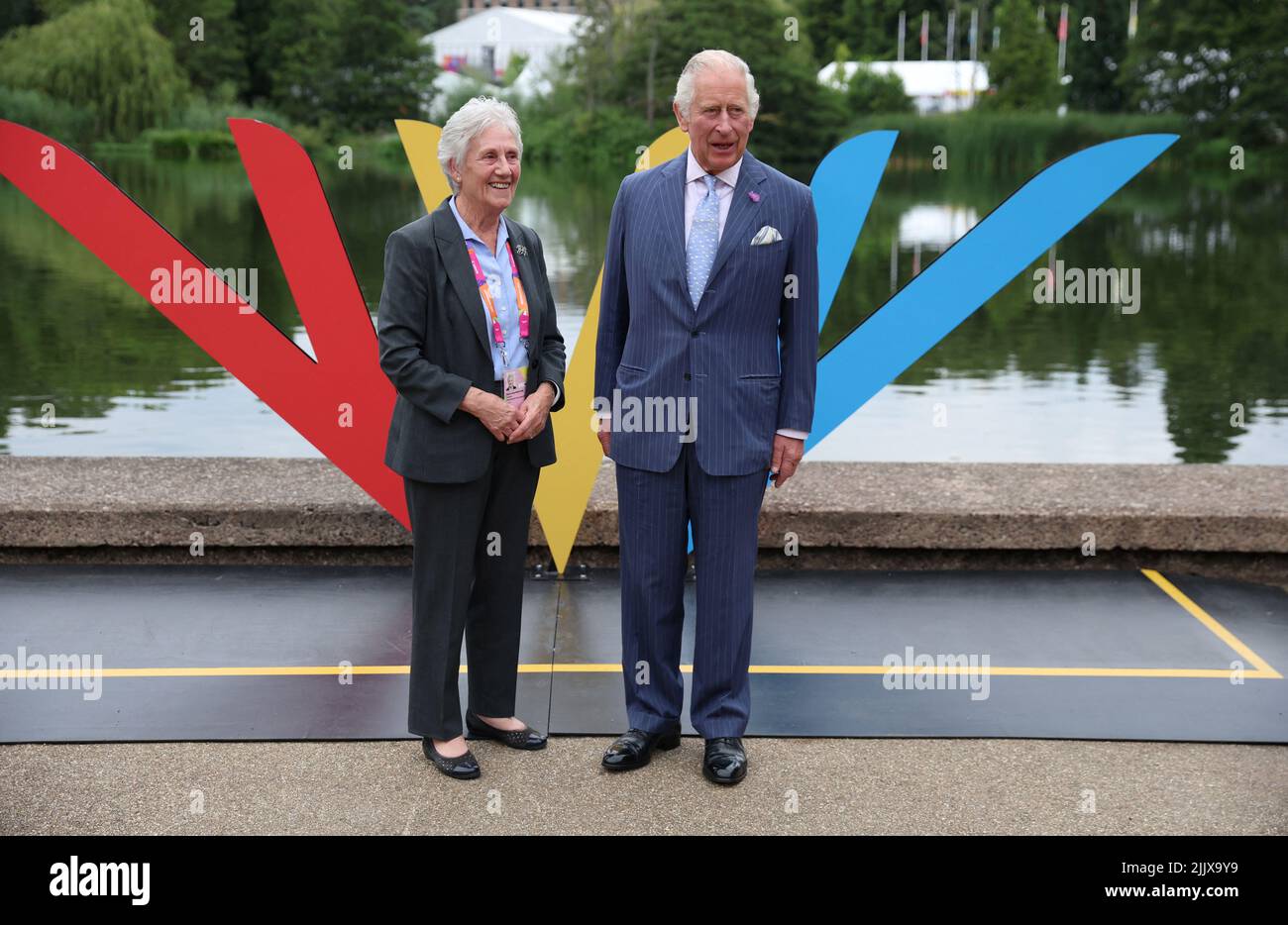 The Prince of Wales with Dame Louis Martin President of the Commonwealth Games Federation during a visit to the Athletes Village at the University of Birmingham at the Birmingham 2022 Commonwealth Games. Picture date: Thursday July 28, 2022. Stock Photo