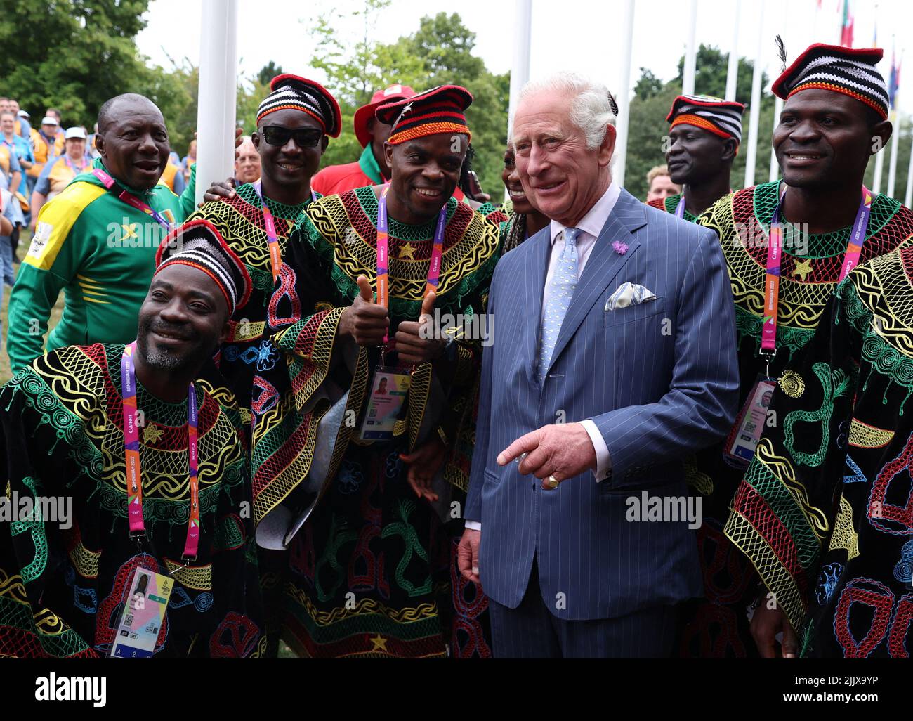 The Prince of Wales poses with athletes and members of the team from Cameroon during a visit to the Athletes Village at the University of Birmingham at the Birmingham 2022 Commonwealth Games. Picture date: Thursday July 28, 2022. Stock Photo