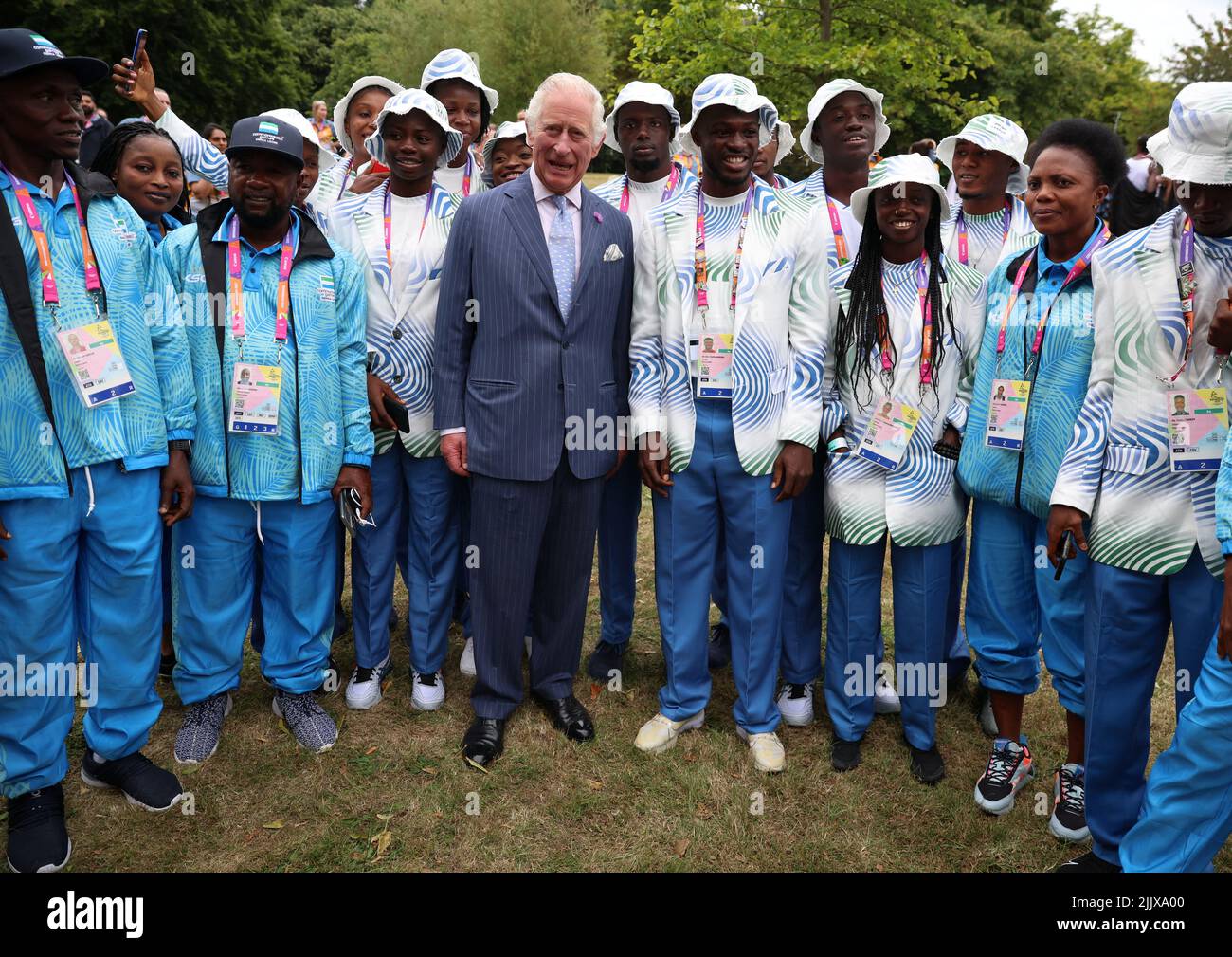The Prince of Wales poses with athletes and members of the team from Sierra Leone during a visit to the Athletes Village at the University of Birmingham at the Birmingham 2022 Commonwealth Games. Picture date: Thursday July 28, 2022. Stock Photo