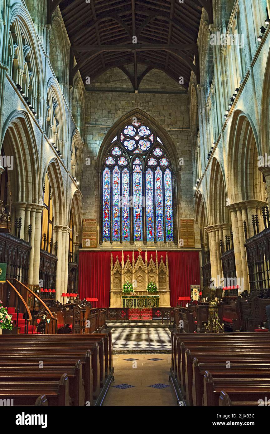 View down the nave to the chancel of the Priory Church of St Mary in Old Bridlington in Yorkshire Stock Photo