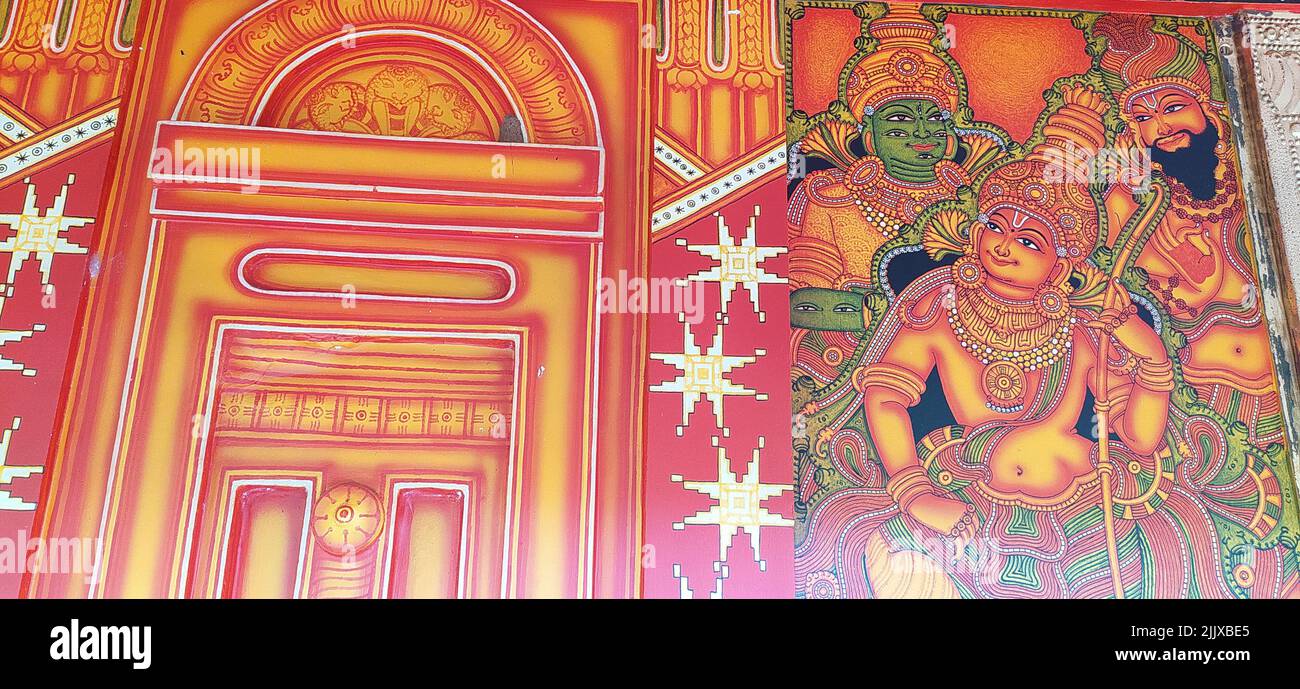 Guruvayoor-Kerala-Traditional mural paintings were painted on the Guruvayoor Temple outer walls for the tourist to see and learn our Stock Photo