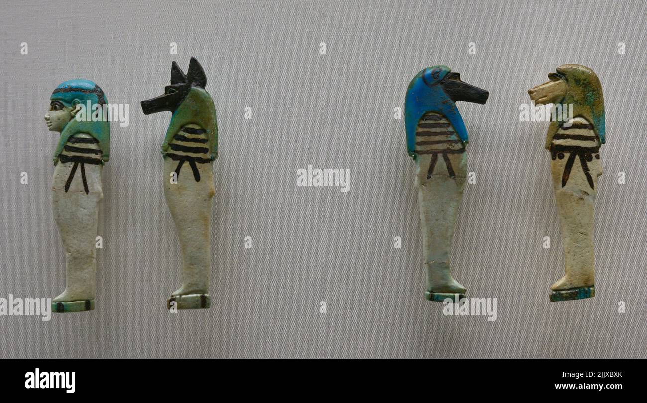 Egypt. Sons of the god Horus. Late Period. 26th dynasty. 664-525 BC. Polychrome faience (height: 13-14 cm). Calouste Gulbenkian Museum. Lisbon, Portugal. Stock Photo