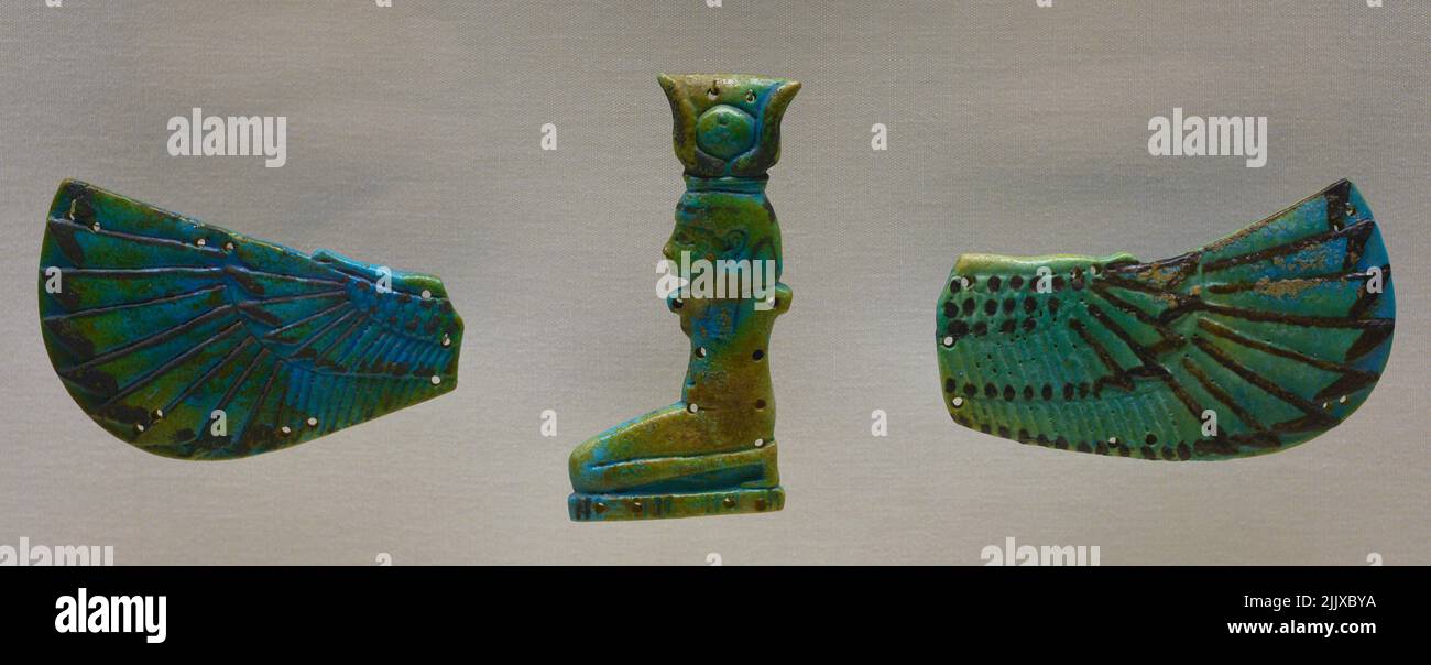 Winged image of the goddess Isis (?). Late Period. 26th dynasty. Greenish faience, 664-525 BC. Calouste Gulbenkian Museum. Lisbon, Portugal. Stock Photo