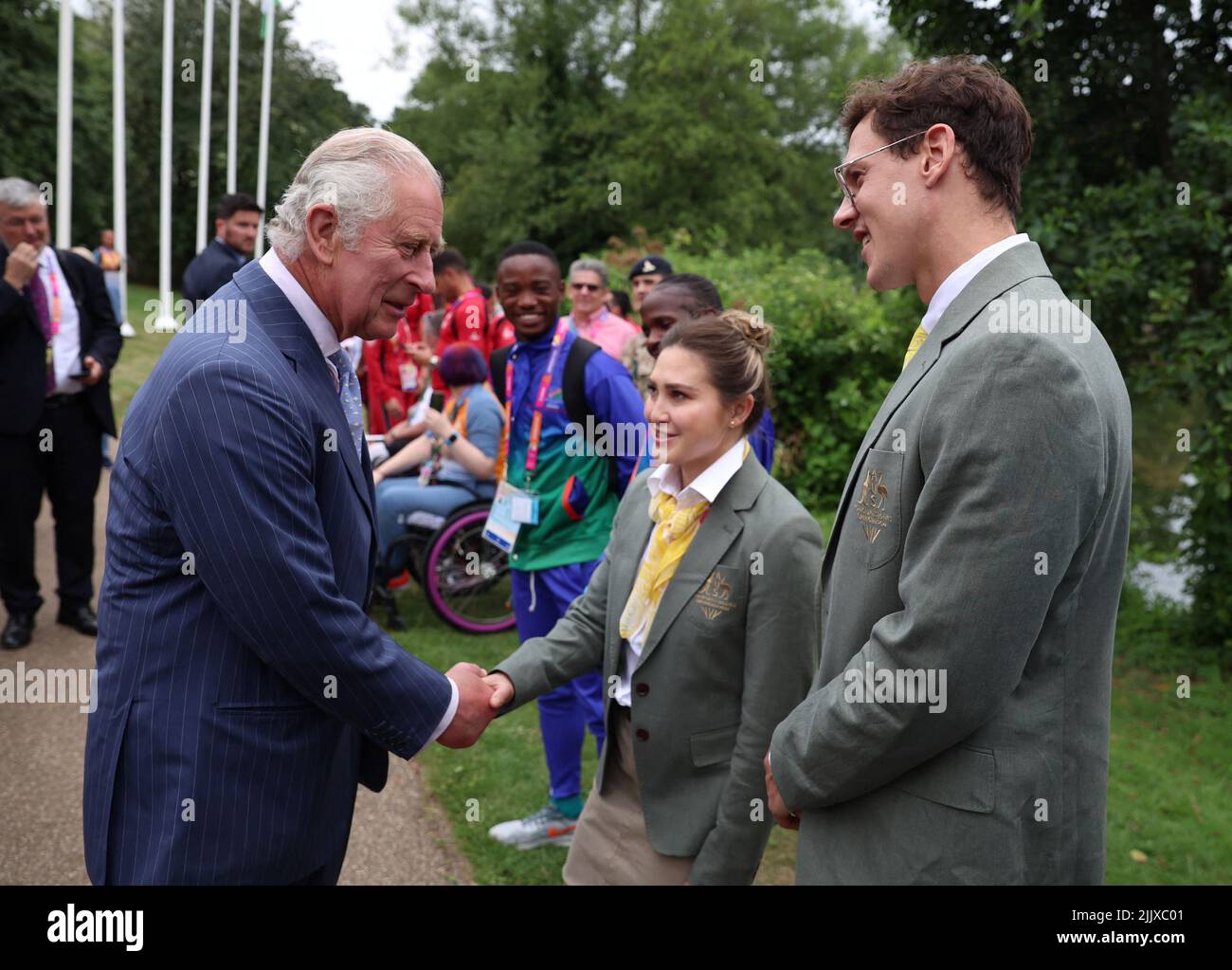 The Prince of Wales talks with Australian athletes Mitch Larkin and Melissa Wu during a visit to the Athletes Village at the University of Birmingham at the Birmingham 2022 Commonwealth Games. Picture date: Thursday July 28, 2022. Stock Photo