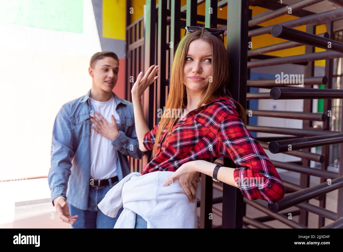 Girl breaking up wiht her boyfriend outside Stock Photo Alamy