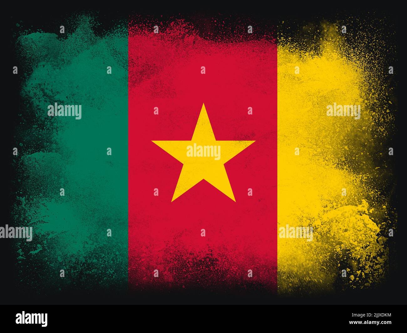 Cameroon Flag design composition of exploding powder and paint, isolated on a black background for copy space. Colorful abstract dust particles explos Stock Photo