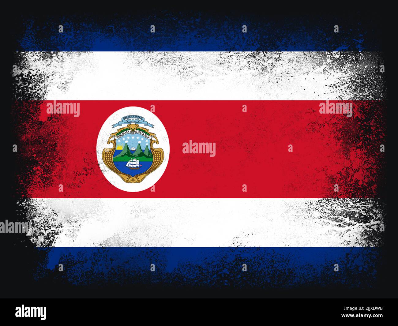 Costa Rica Flag design composition of exploding powder and paint, isolated on a black background for copy space. Colorful abstract dust particles expl Stock Photo