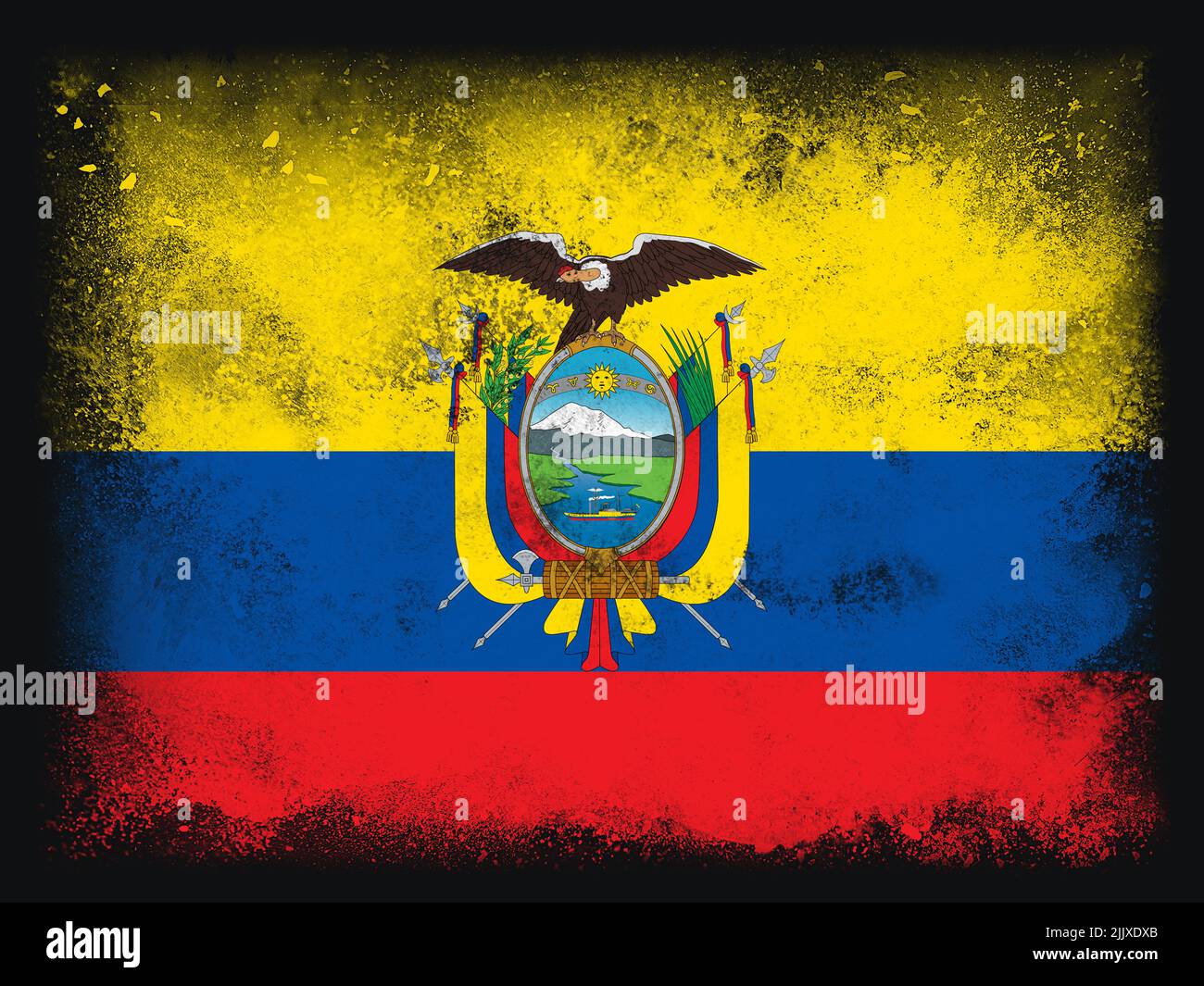 Ecuador Flag design composition of exploding powder and paint, isolated on a black background for copy space. Colorful abstract dust particles explosi Stock Photo