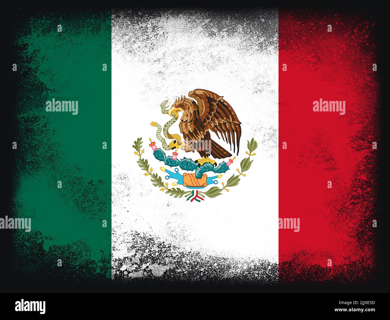 Mexico Flag design composition of exploding powder and paint, isolated on a black background for copy space. Colorful abstract dust particles explosio Stock Photo