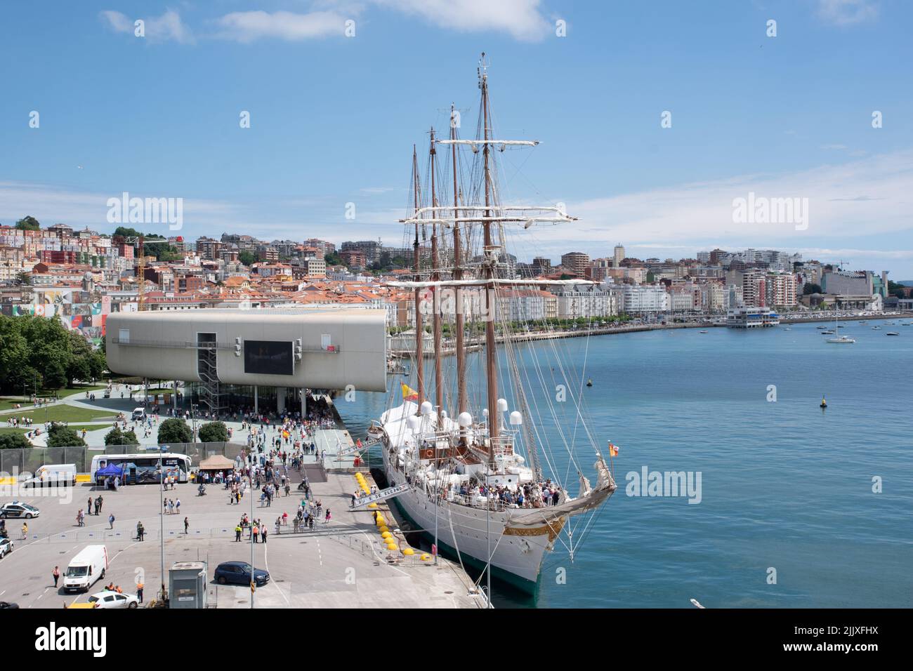 Juan Sebastion de Elcano steel-hulled barquentine, moored in Santander Stock Photo