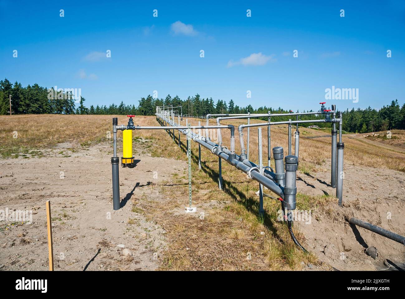 Methane piping at a closed landfill, which was turned into a park. Stock Photo