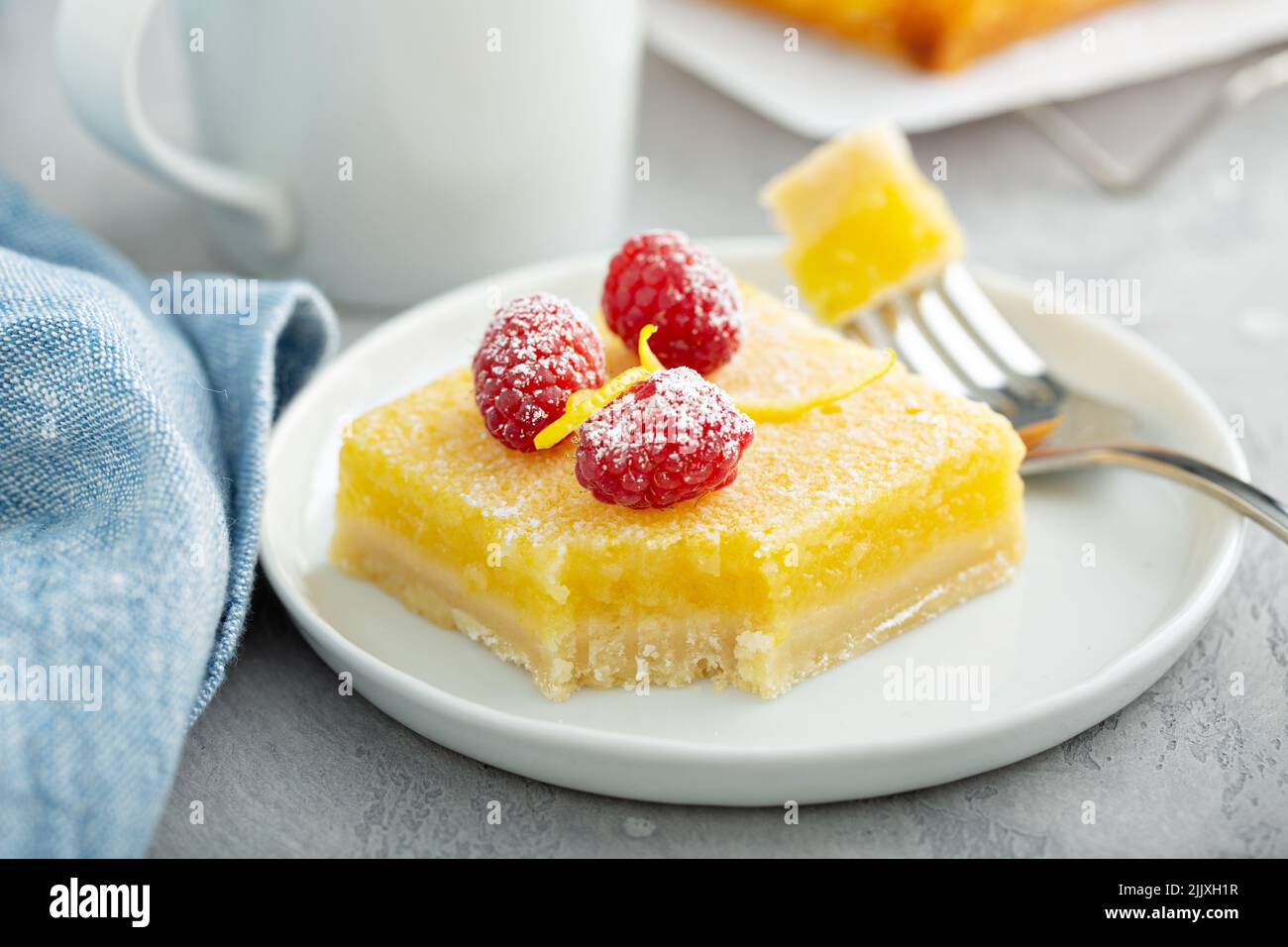 Homemade lemon bars topped with powdered sugar and raspberries Stock ...