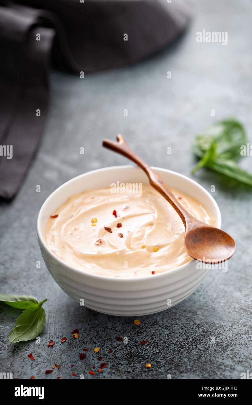 Homemade creamy chili dipping sauce or salad dressing Stock Photo Alamy