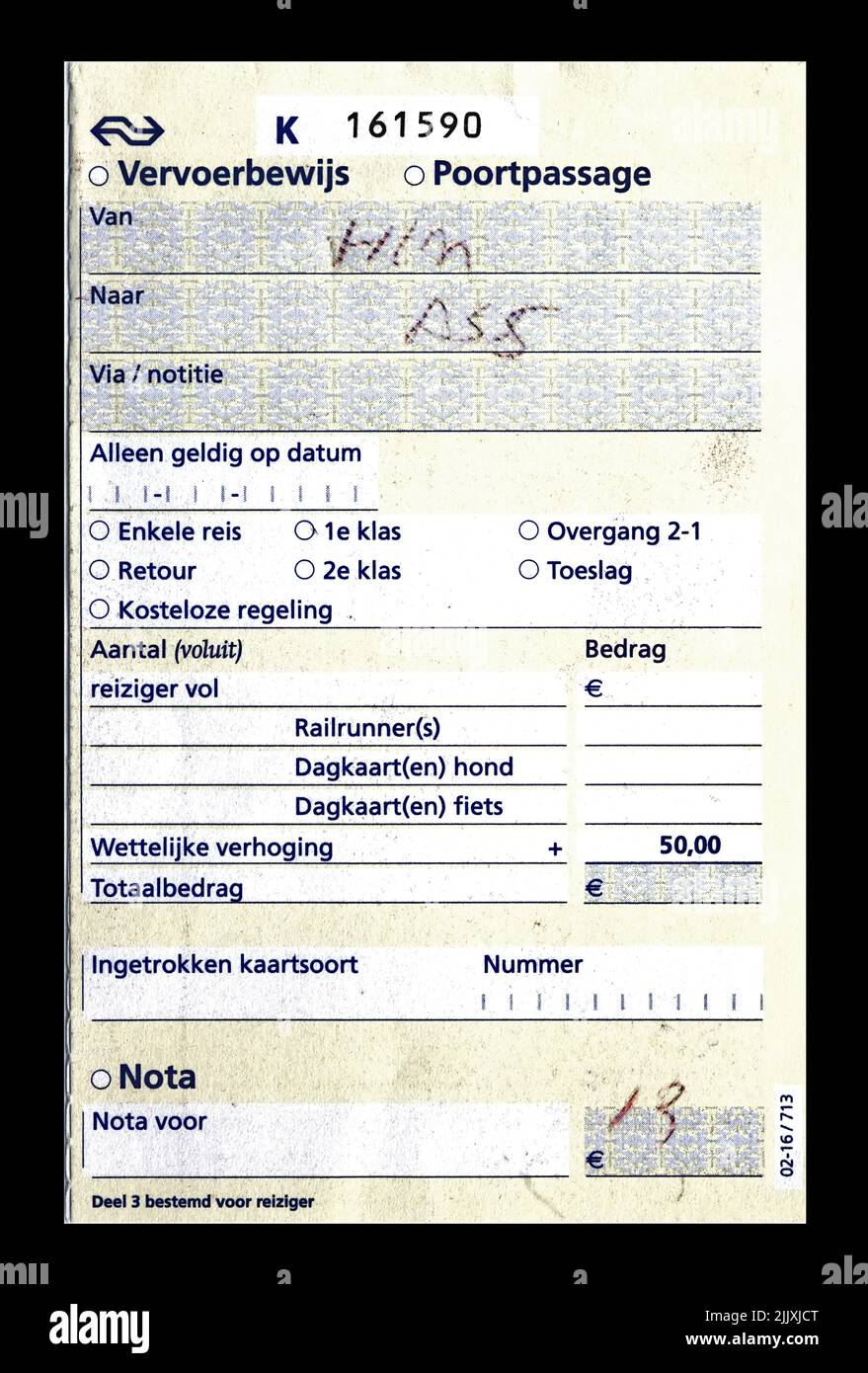 filled printed paper receipt with fifty euro fine for railway travel without valid ticket on Holland language in Amsterdam, Netherlands, circa 2016. Stock Photo