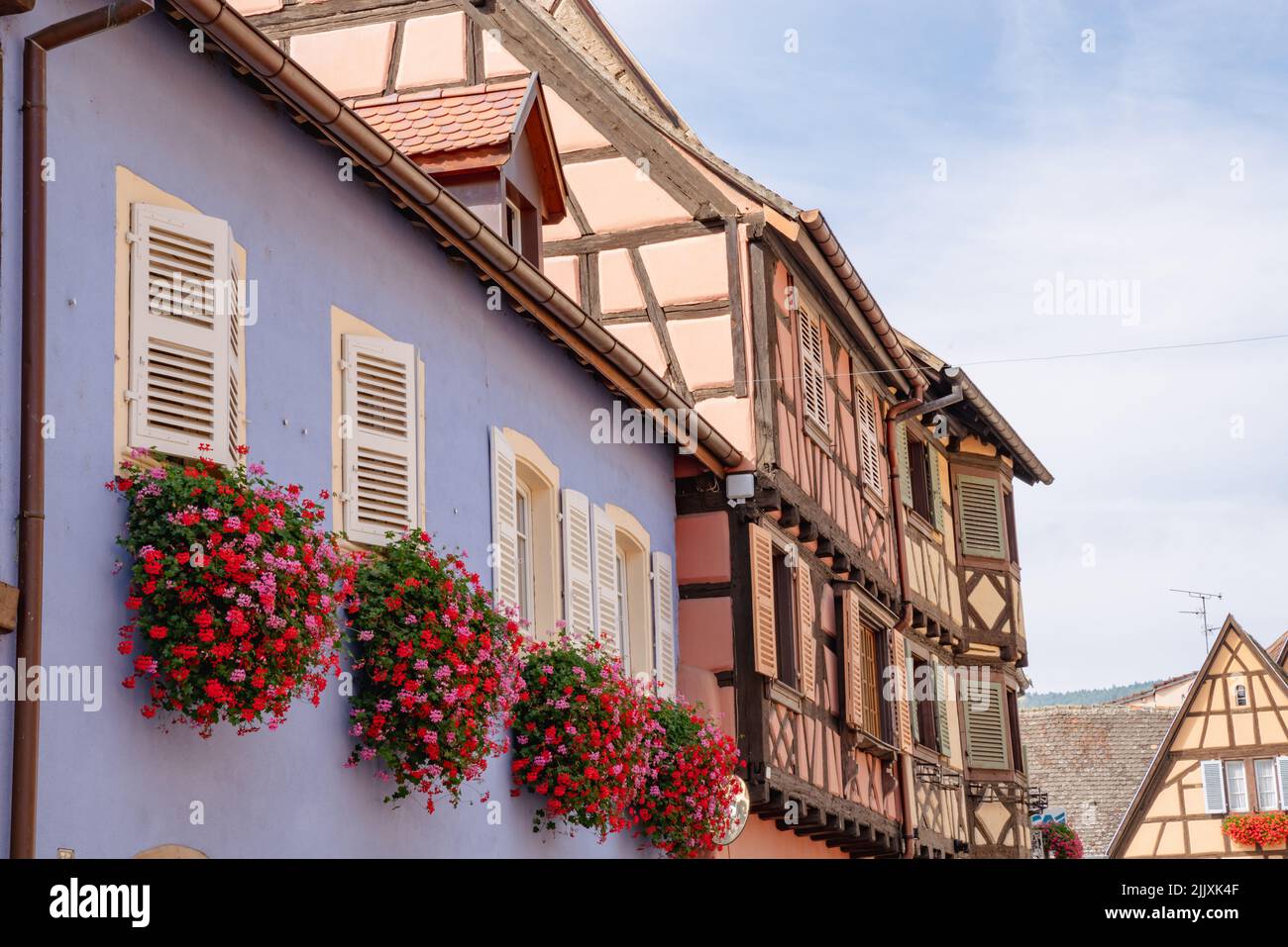 Old homes with beautiful architecture in Alsace.  Stock Photo