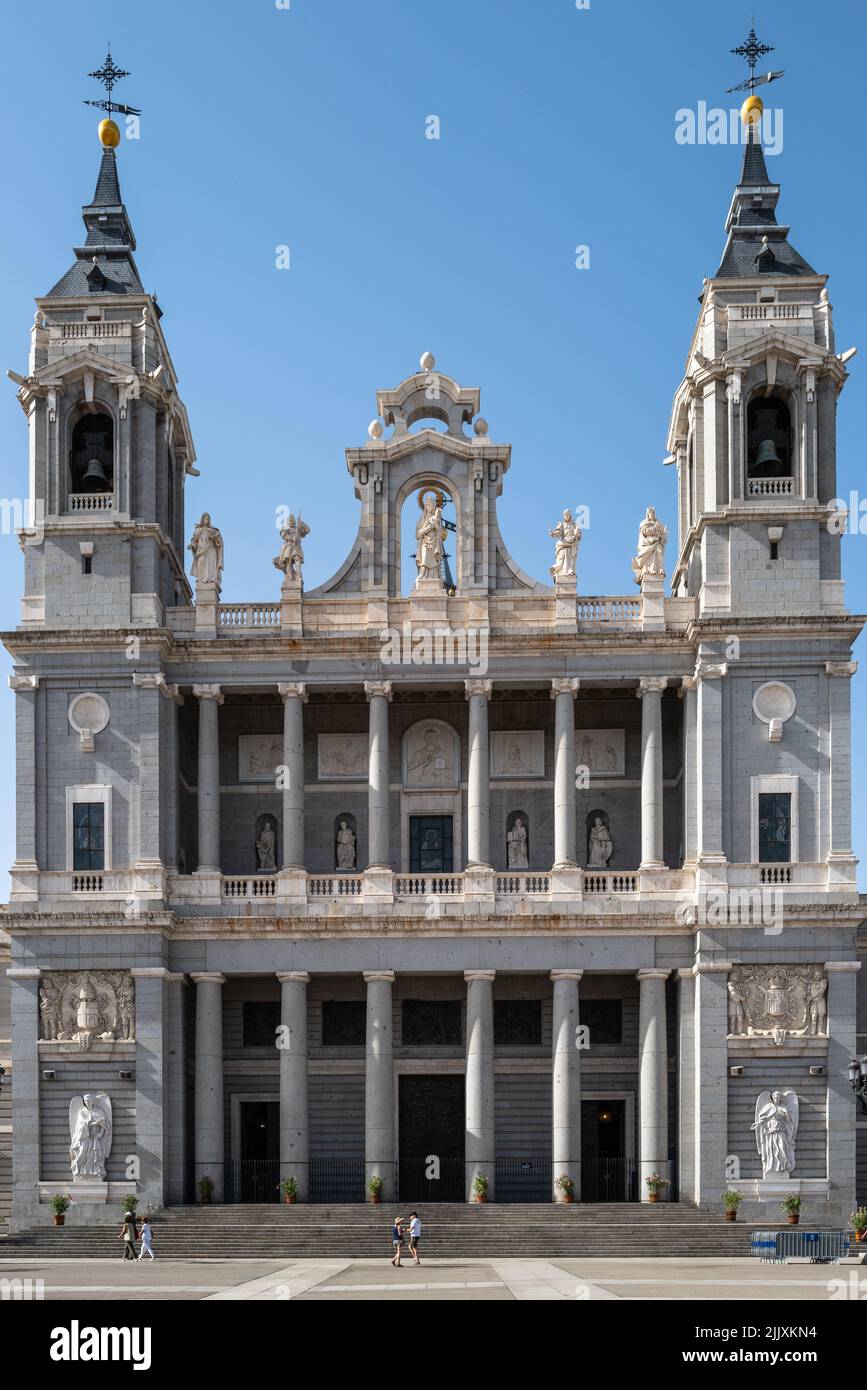 Madrid, Spain -- June 18, 2022. A wide angle vertical shot of an entrance to the Royal Palace of Madrid. Stock Photo