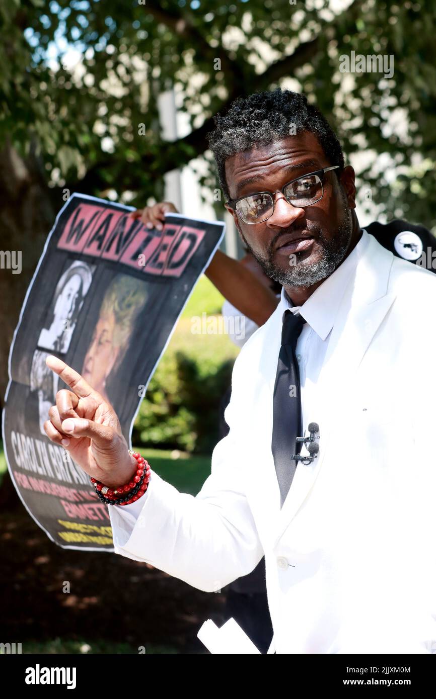 July 28, 2022, Raleigh, North Carolina, USA: Civil rights activist JOHN C. BARNETT speaks alongside members of the community gathered at the North Carolina Legislative Building in Raleigh for prayer and to call for the arrest of Carolyn Bryant Donham in connection in the death of Emmett Till. Donham, previously known as Mrs. Roy Bryant is reported to be living in Raleigh, NC. In 1955, she accused 14-year old Emmett Till of whistling at her, leading to his kidnapping and murder. The original arrest warrant for Donham was recently found in the basement of a Mississippi courthouse. Till's murde Stock Photo