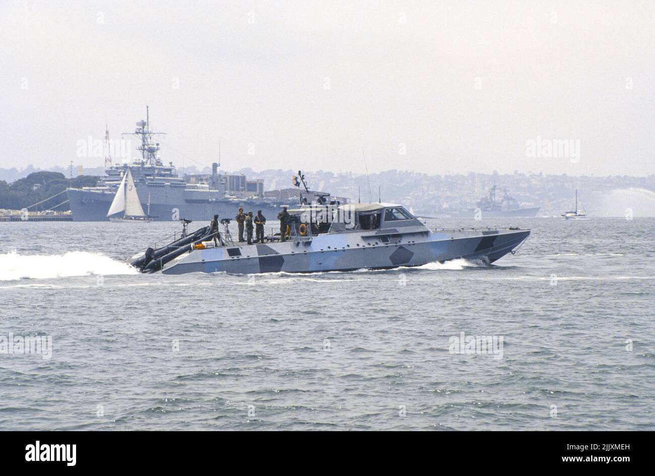 Navy SEAL patrol craft operating on San Diego harbor waters Stock Photo