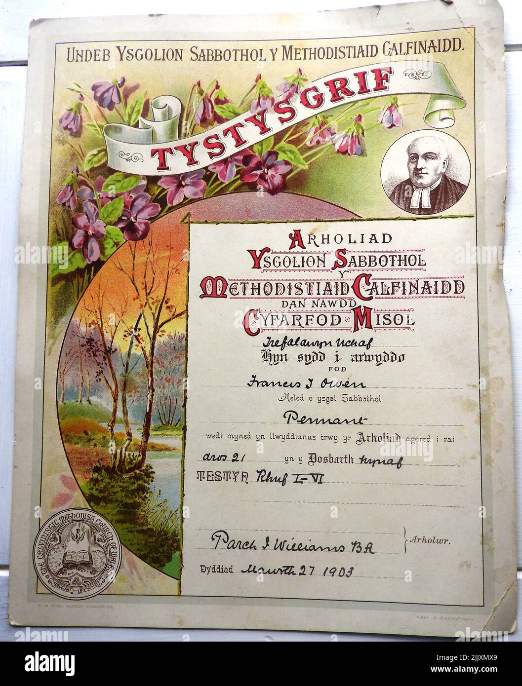 Calvinist Methodist school meeting examination certificate of 1903 awarded to Frances Owen. Signed by J Williams.        ------       Tystysgrif arholiad cyfarfod ysgol y Methodistiaid Calfinaidd o 1903 a ddyfarnwyd i Frances Owen. Wedi'i lofnodi gan J Williams. Stock Photo