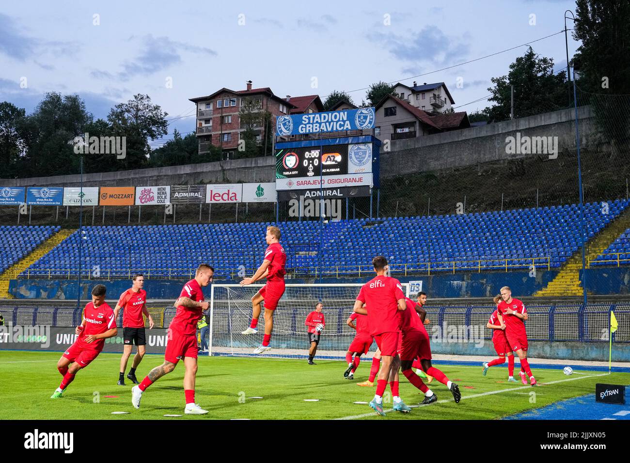SARAJEVO - AZ players during the second qualifying round of the Conference League match between FK Tuzla City and AZ at the stadium Grbavica on July 28, 2022 in Sarajevo, Bosnia and Herzegovina. ANP ED OF THE POL Stock Photo