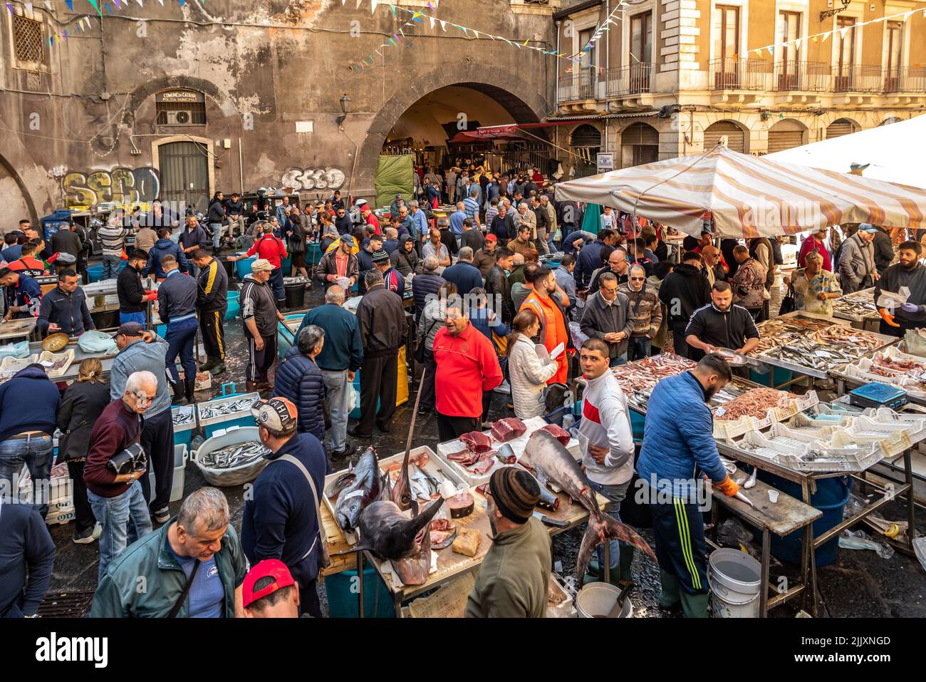 Catania, Italy - May 11, 2019: La Pescheria, the famous historical fish market in Catania, Sicily. Stock Photo