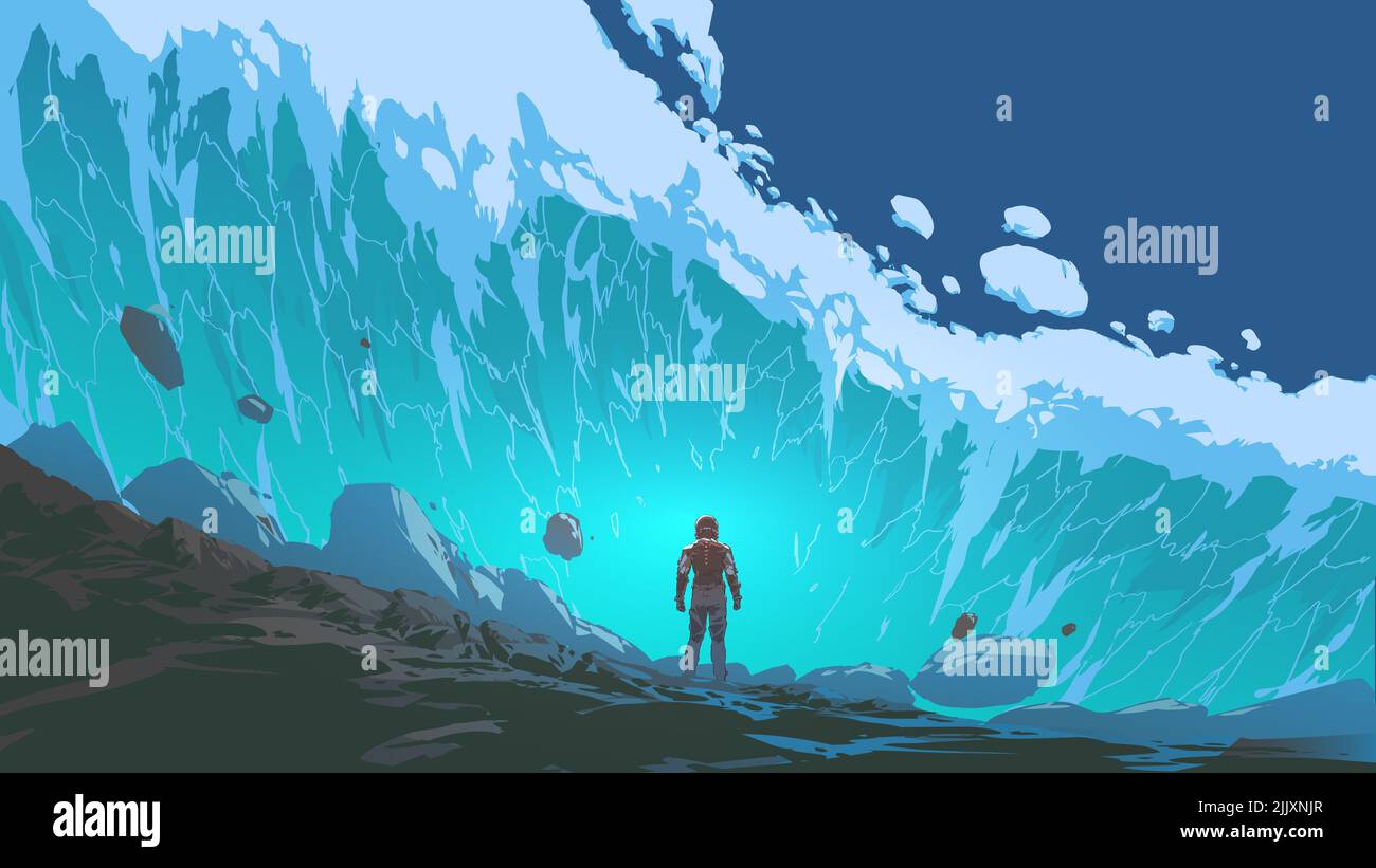 futuristic man standing in the midst of a huge wave that is rushing towards him, digital art style, illustration painting Stock Photo