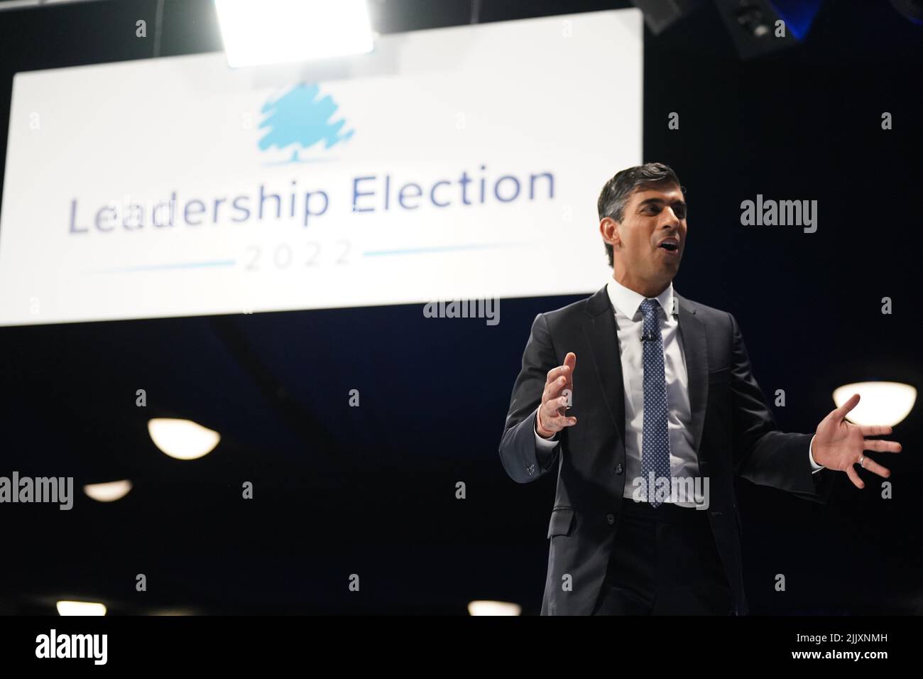 Conservative leadership candidate Rishi Sunak speaking at a hustings event at the Pavilion conference centre at Elland Road in Leeds. Picture date: Thursday July 28, 2022. Stock Photo