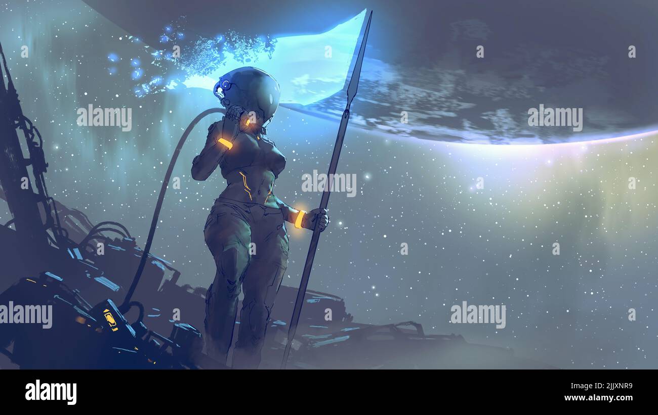 futuristic woman holding a glowing flag standing on a structure against a large planet in the background, digital art style, illustration painting Stock Photo