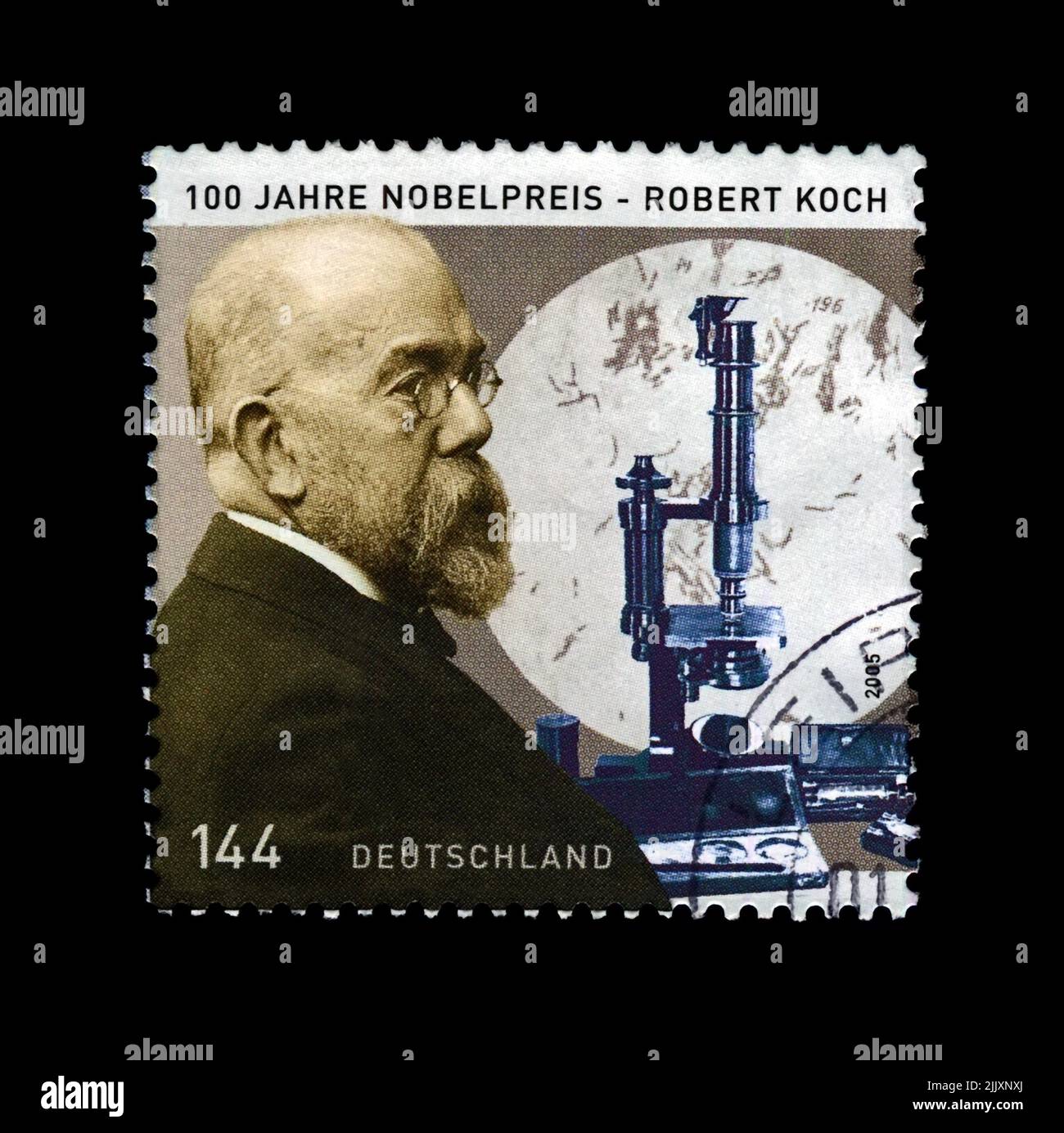 Robert Koch (1843-1910), discoverer prevent of tubercle bacillus, Nobel Medicine Prize, circa 2005. stamp printed in Germany isolated on black Stock Photo