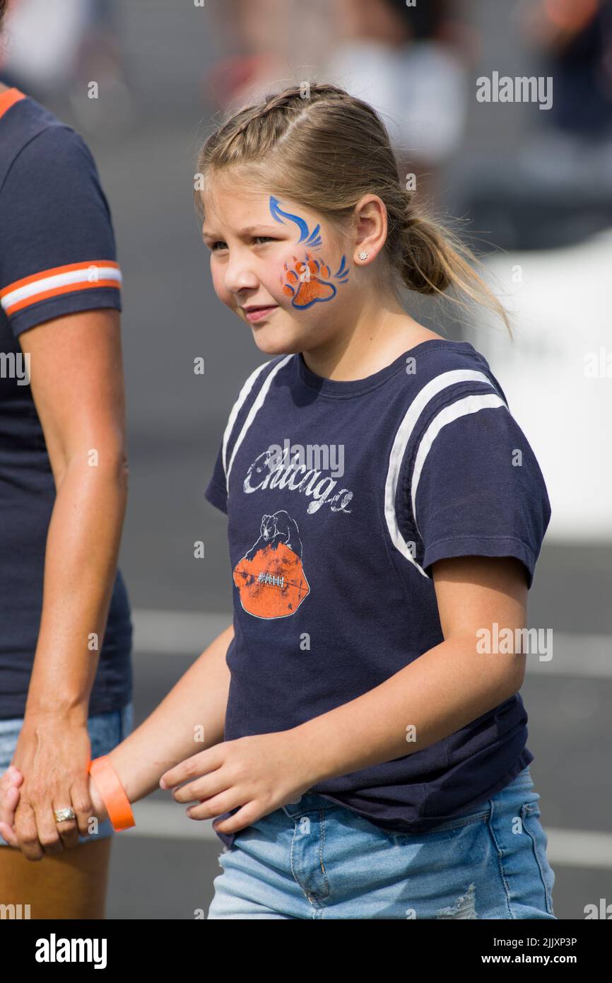 Lake Forest, Illinois, USA. 28th July, 2022. - A Chicago Bears fan walks around during training camp at Halas Hall in Lake Forest, IL. Credit: csm/Alamy Live News Stock Photo