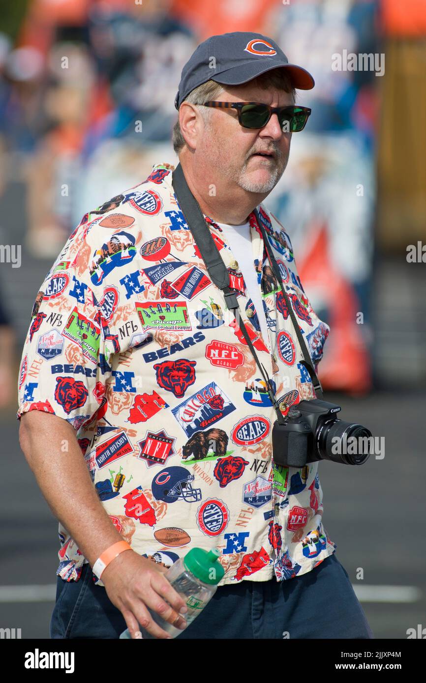 Lake Forest, Illinois, USA. 28th July, 2022. - A Chicago Bears fan walks around during training camp at Halas Hall in Lake Forest, IL. Credit: csm/Alamy Live News Stock Photo