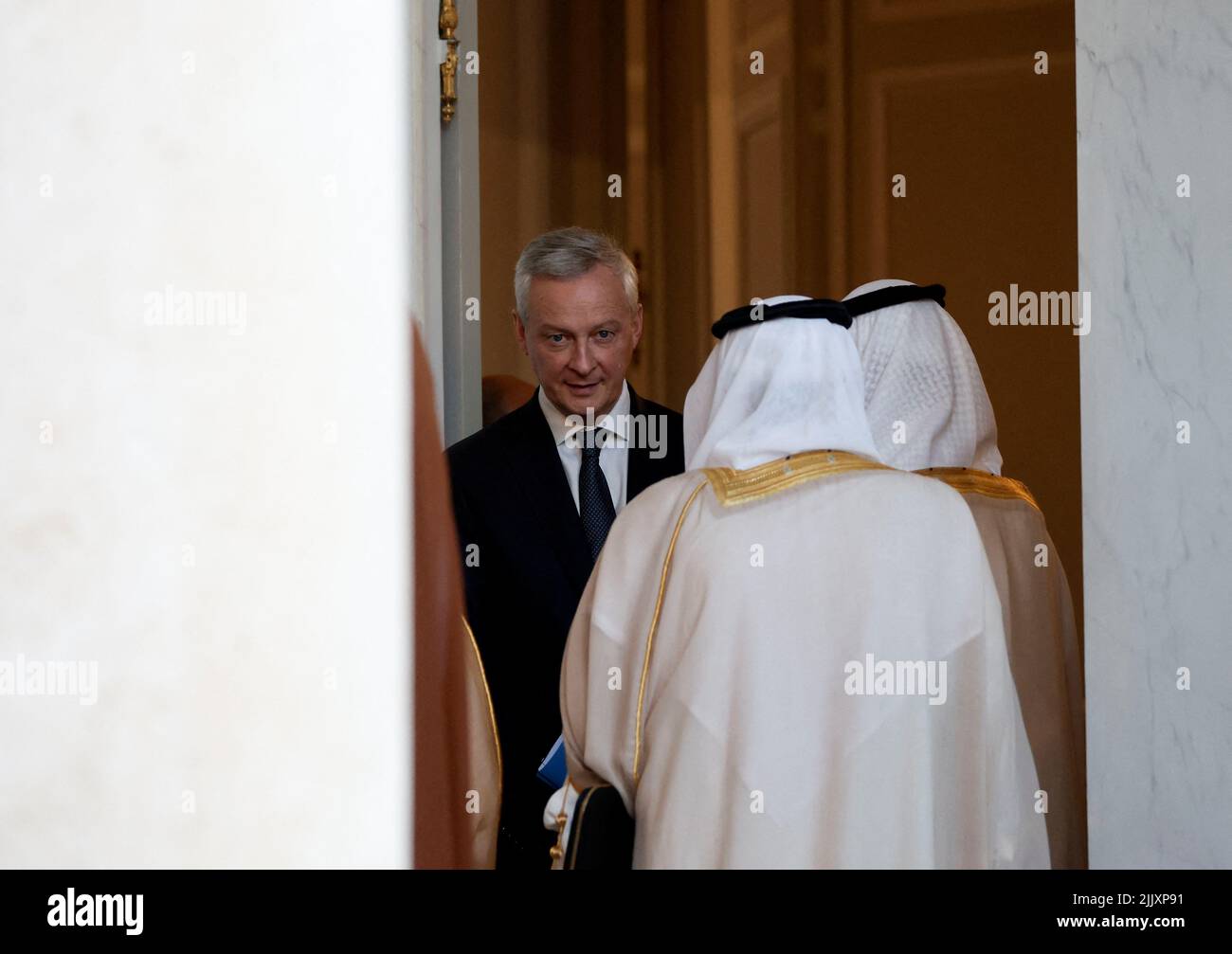 French Economy Minister Bruno Le Maire looks on, upon Saudi Crown Prince Mohammed bin Salman's arrival for a working dinner at the Elysee Palace in Paris, France, July 28, 2022. REUTERS/Benoit Tessier Stock Photo
