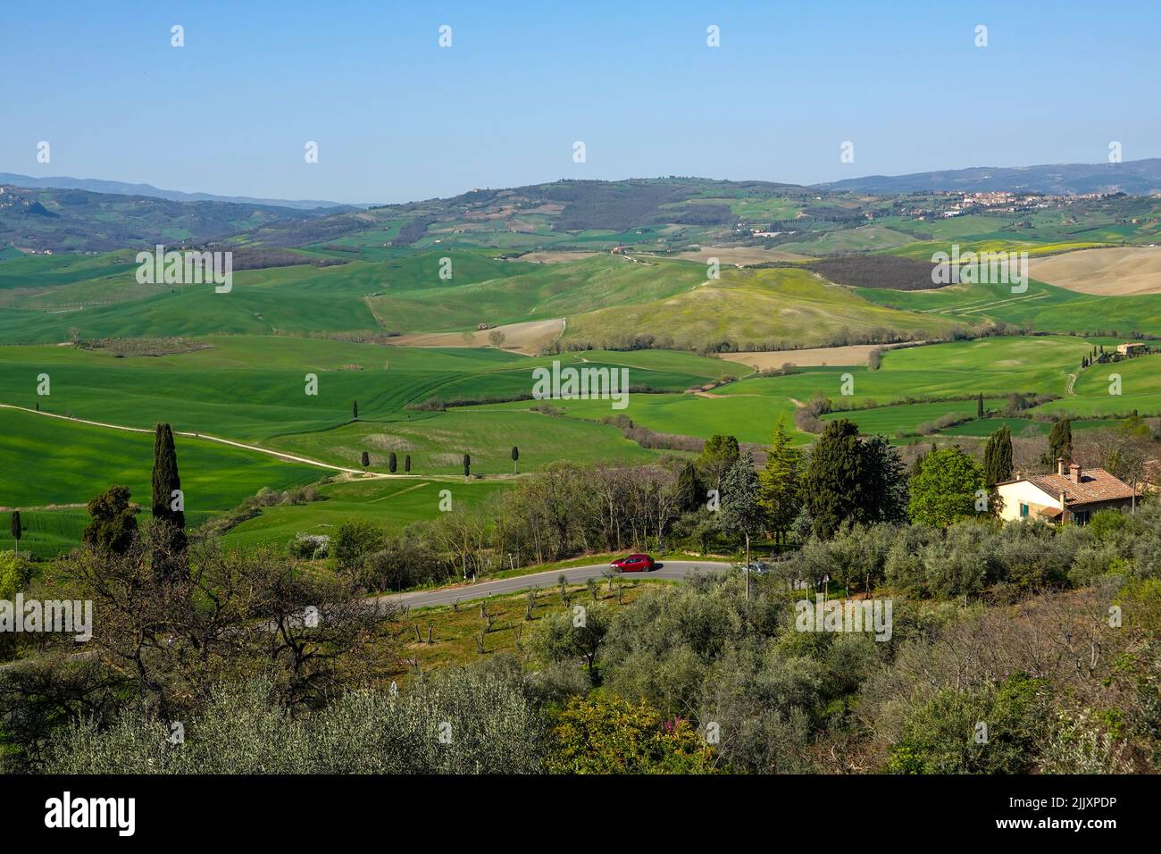 The Val d'Orcia, or Valdorcia, region of Tuscany, Italy, picturesque landscape with rolling hills and valleys, deemed unesco world cultural landscapes Stock Photo