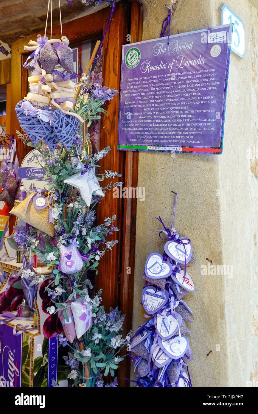 Display outside a Pienza, Italy shop featuring novelty items made with lavender. Stock Photo