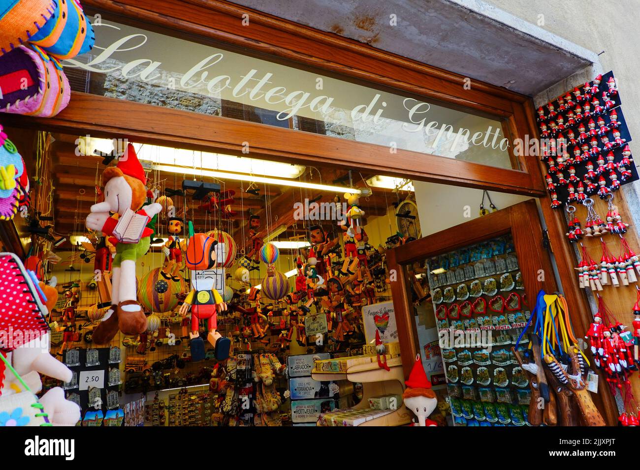 Hand-made toy shop in the heart of Pienza, Italy. Stock Photo