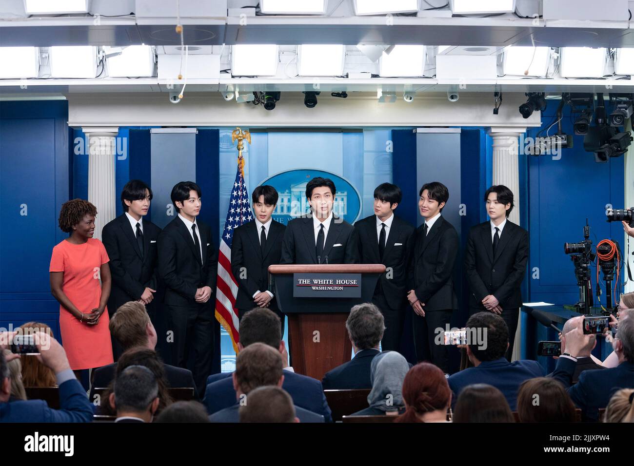 Washington, United States of America. 31 May, 2022. K-Pop band BTS member Kim Nam-joon, known as RM, joins White House Press Secretary Karine Jean-Pierre in the James S. Brady Press Briefing Room of the White House, May 31, 2022, in Washington, D.C. Credit: Erin Scott/White House Photo/Alamy Live News Stock Photo