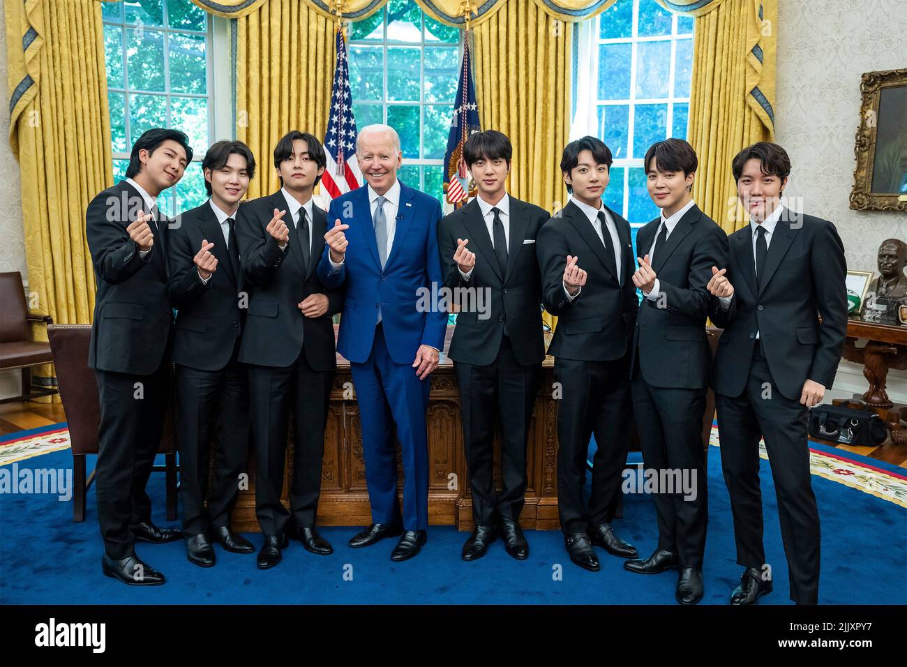 Washington, United States of America. 31 May, 2022. U.S. President Joe Biden records a video message with members of the K-Pop band BTS on hate crimes against Asian Americans in the Oval Office of the White House, May 31, 2022, in Washington, D.C. Credit: Adam Schultz/White House Photo/Alamy Live News Stock Photo