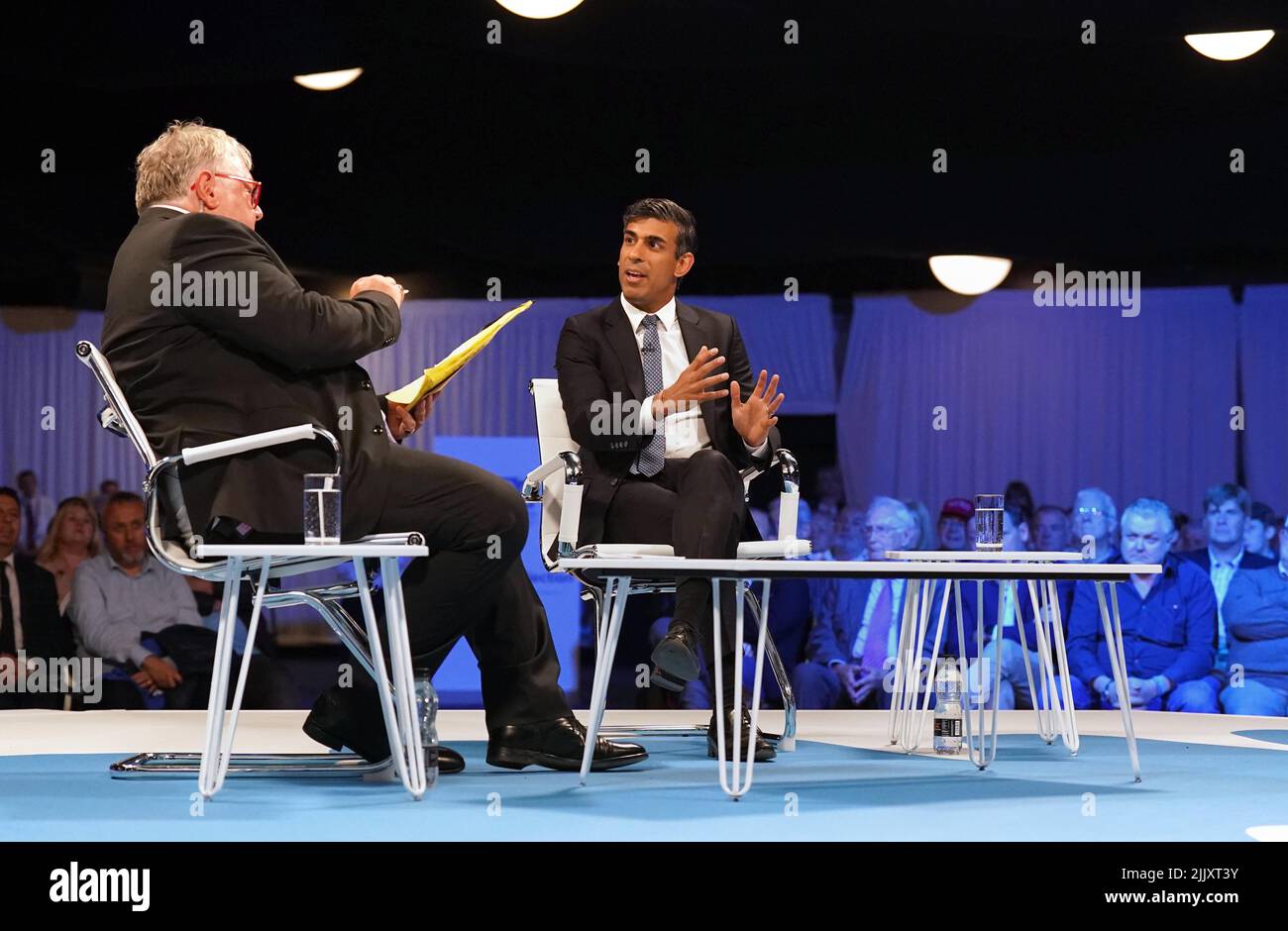 Presenter Nick Ferrari (left) speaking with Conservative leadership candidate Rishi Sunak at a hustings event at the Pavilion conference centre at Elland Road in Leeds. Picture date: Thursday July 28, 2022. Stock Photo