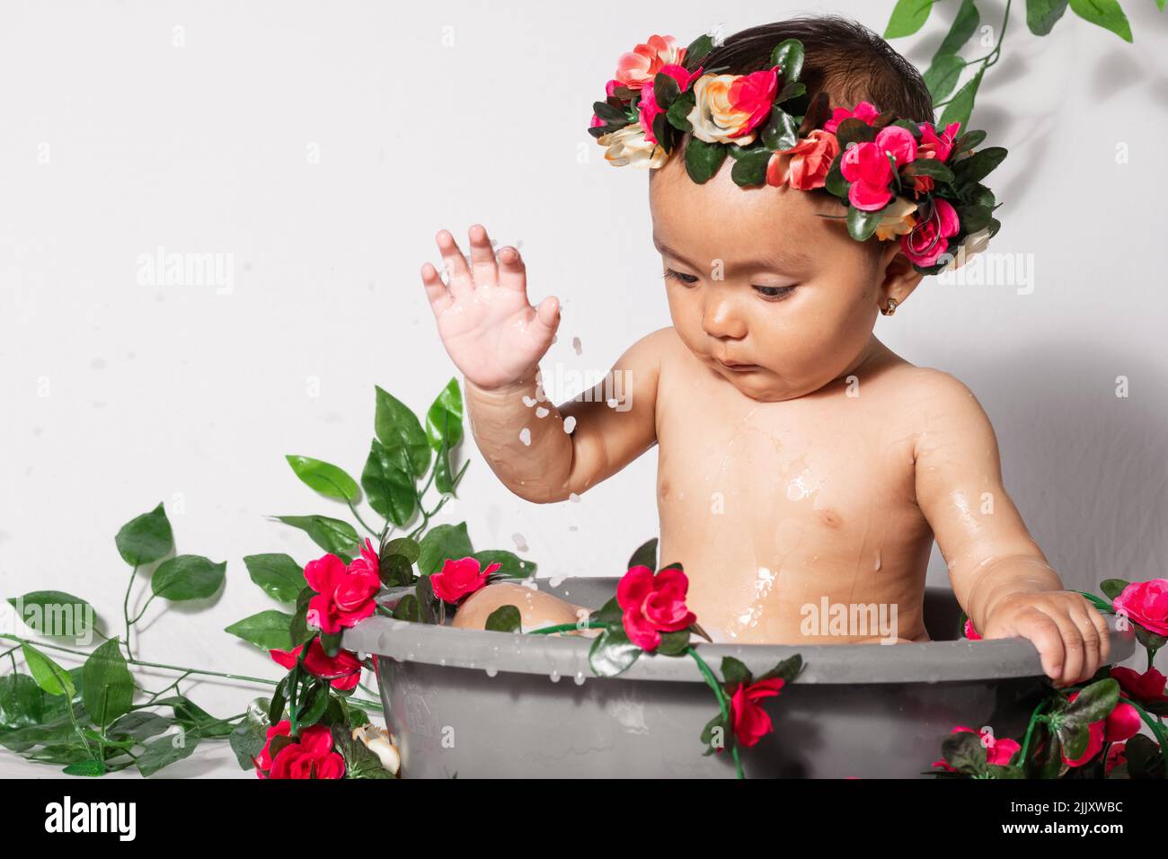 close-up of a beautiful brown-skinned latina baby girl, playing while being bathed in a gray bucket. 9-month-old baby girl splashing water with her ha Stock Photo