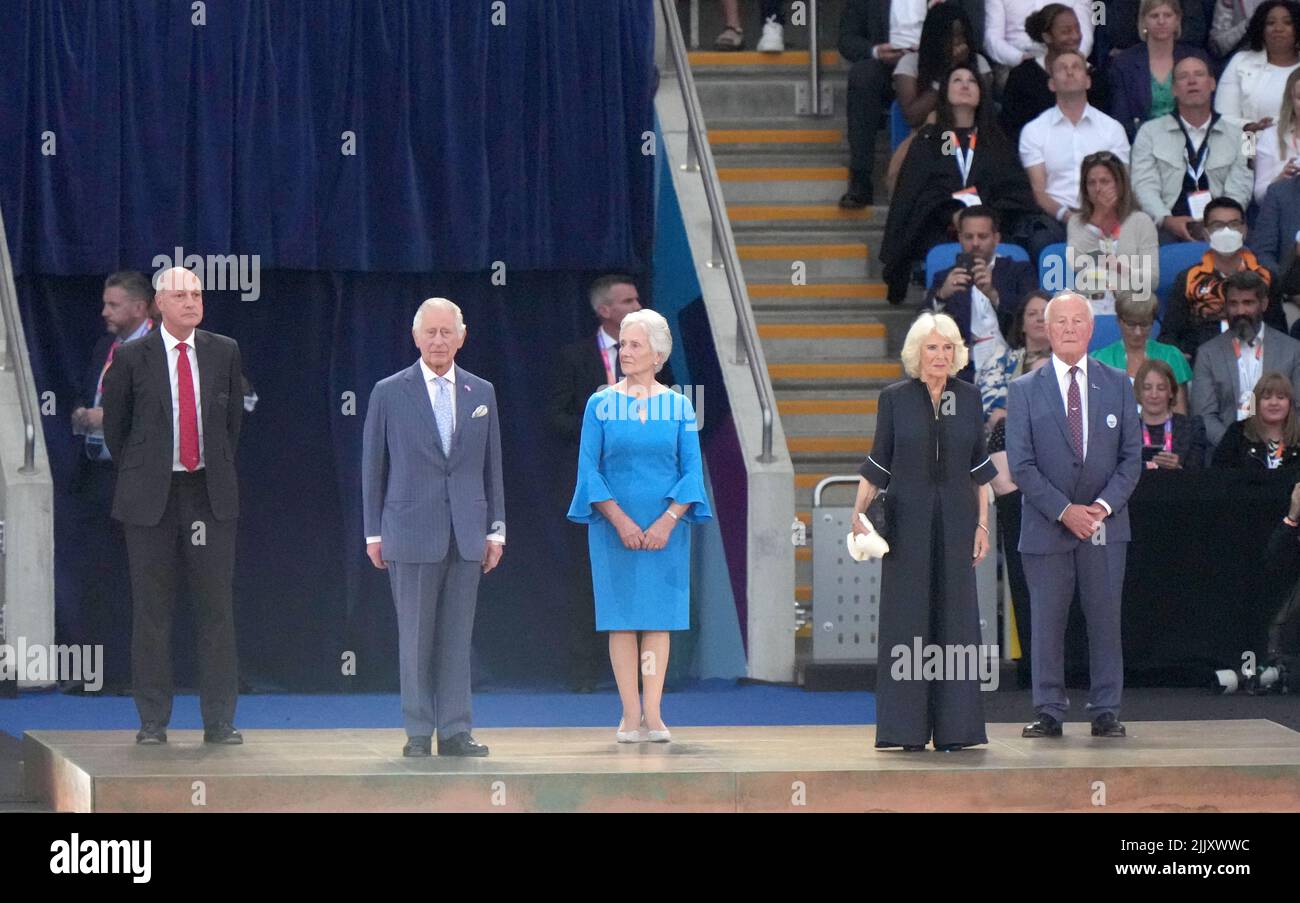 Prince of Wales and the Duchess of Cornwall alongside the President of the Commonwealth Games Federation Dame Louise Martin, Director of Birmingham Organizing Committee for the 2022 Commonwealth Games John Crabtree and director and chair of Commonwealth Games England Ian Metcalfe during the opening ceremony of the Birmingham 2022 Commonwealth Games at the Alexander Stadium, Birmingham. Picture date: Thursday July 28, 2022. Stock Photo