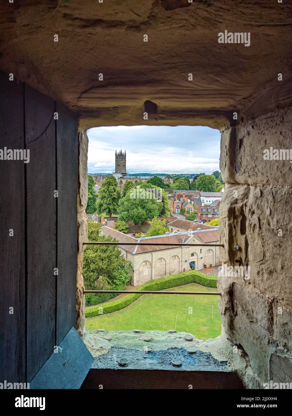 View from the Medieval castle tower window on the Saint Mary Warwick Church, Warwick, Warwickshire, England, United Kingdom Stock Photo