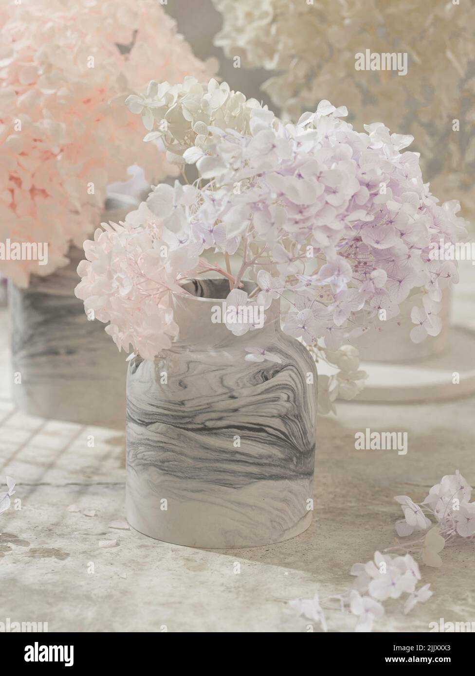 Plaster vase with bouquet of stabilized hydrangeas. Minimalist interior design. Kinfolk, hygge, scandinavian style, lagom. Cozy design. Copy space. Stock Photo