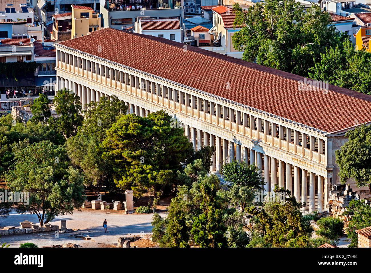 partial view of the Ancient Agora of Athens, with the 'focus' on the Stoa ('gallery') of Attalos. Greece. Stock Photo