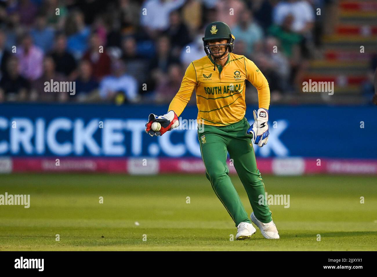 Quinton De Kock of South Africa catches Dawid Malan of England in, on 7/28/2022