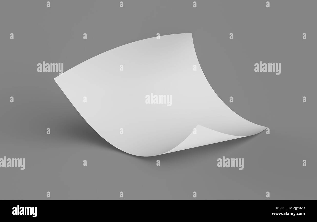a Bent empty paper sheet, Mockup A4 format paper with shadows on gray background, 3d Illustration. Stock Photo