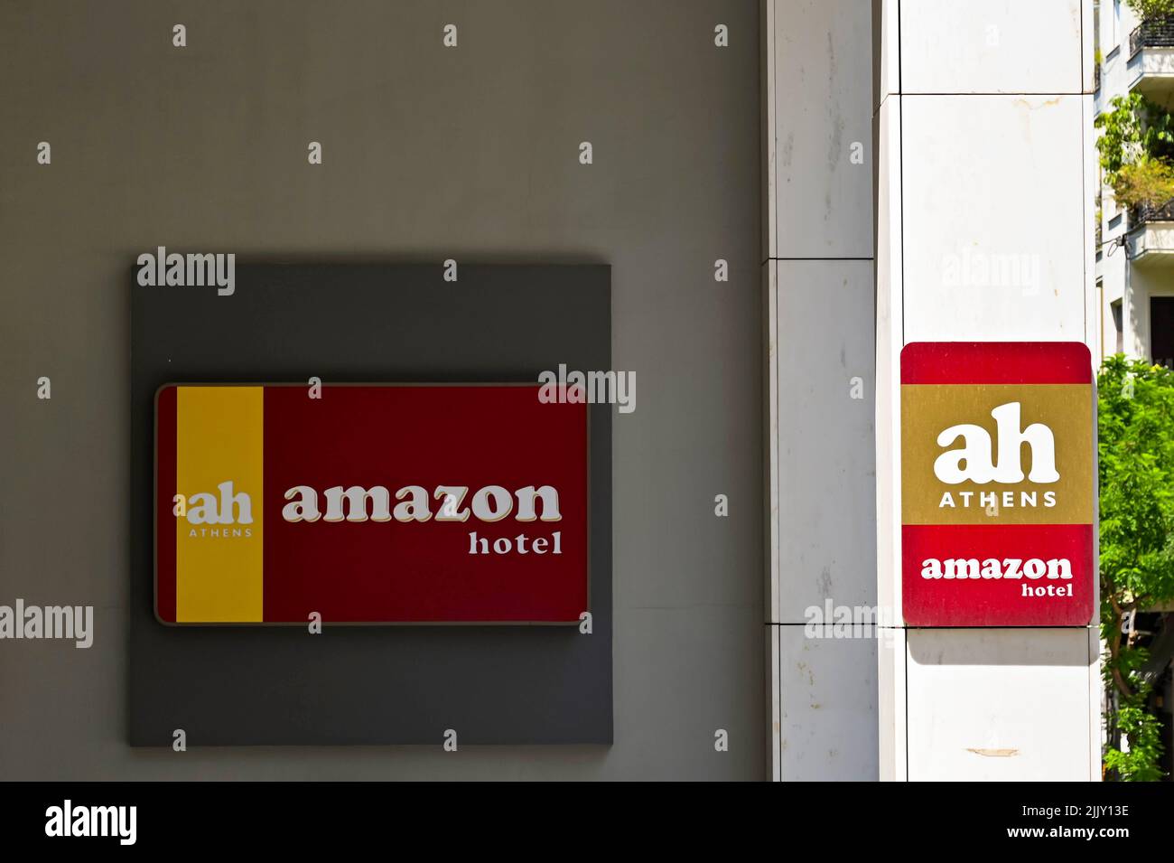 Athens, Greece - May 2022: Signs outside the entrance of the Amazon Hotel in the city centre Stock Photo
