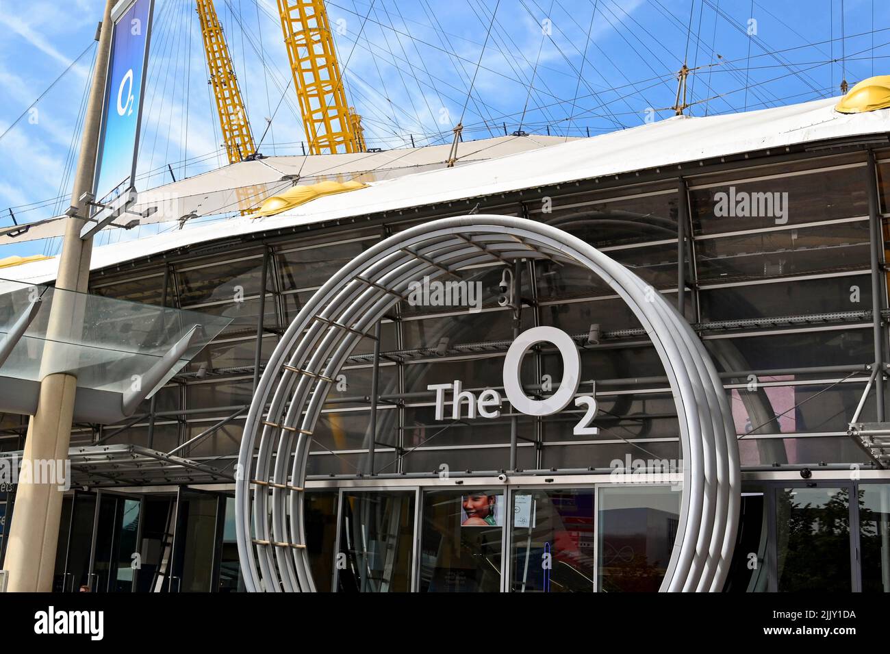 London, England - June 2022: Sign above the entrance to the O2 Arena in Greenwich Stock Photo
