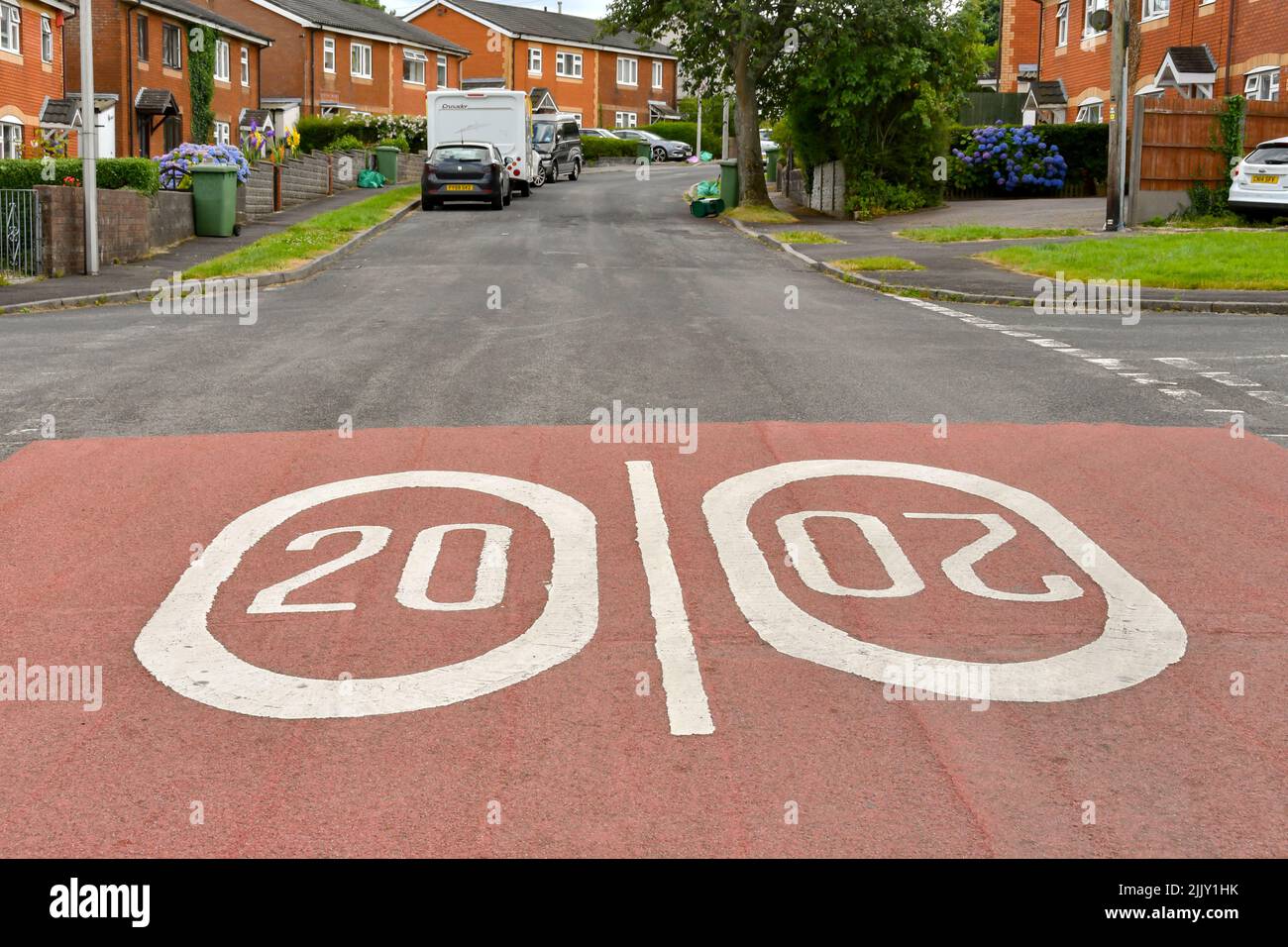 Llantrisant, Wales July 2022 Road markings showing 20 mph speed