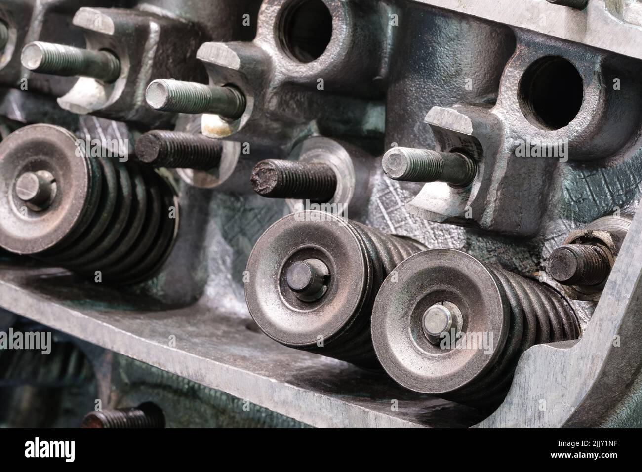 Disassembled car engine without cylinder head. Repair of an old