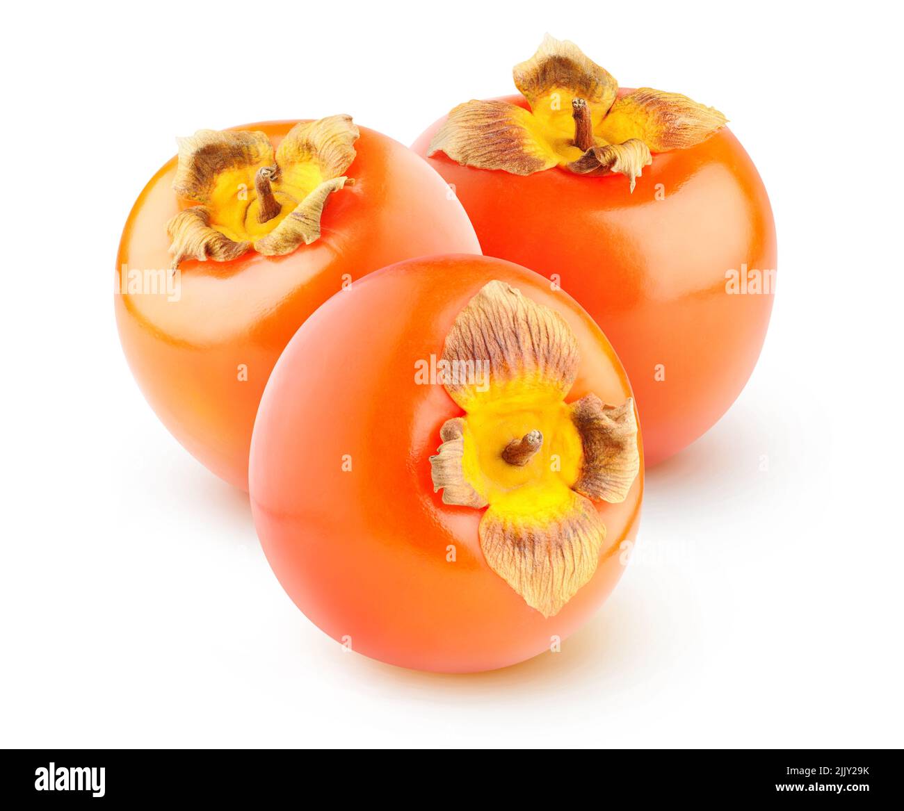 Three persimmon (kaki) fruits isolated on white background Stock Photo